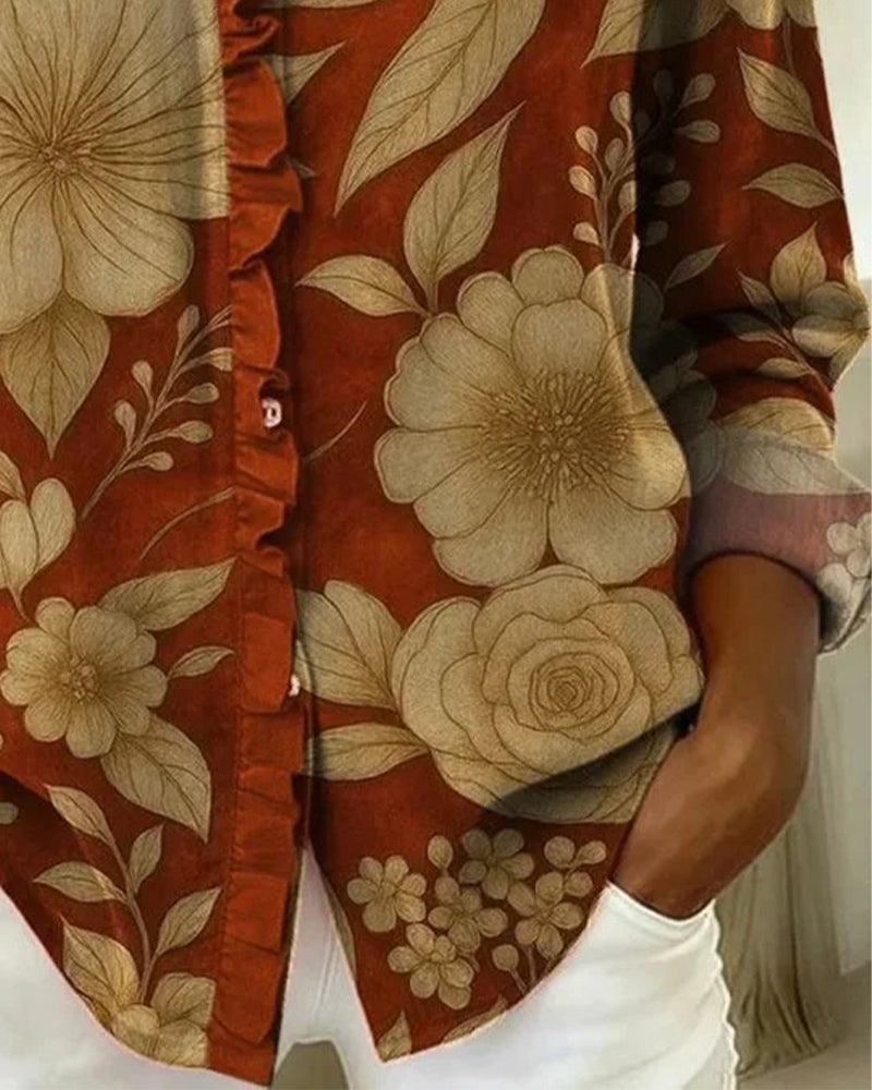 Retro Print Long-Sleeved Blouse