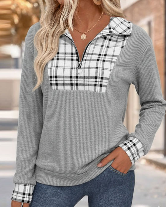Plaid Patchwork Zip-Up Sweatshirt
