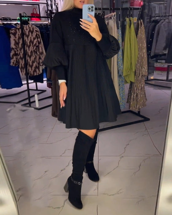 Balloon sleeve stand collar dress
