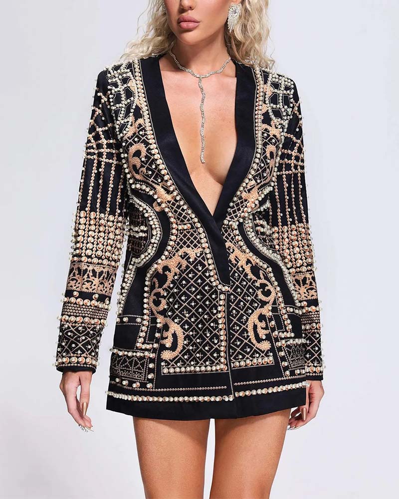 Printed beaded long-sleeved dress