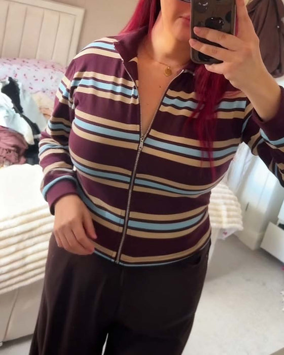 Lapel Zip-Up Striped Jacket