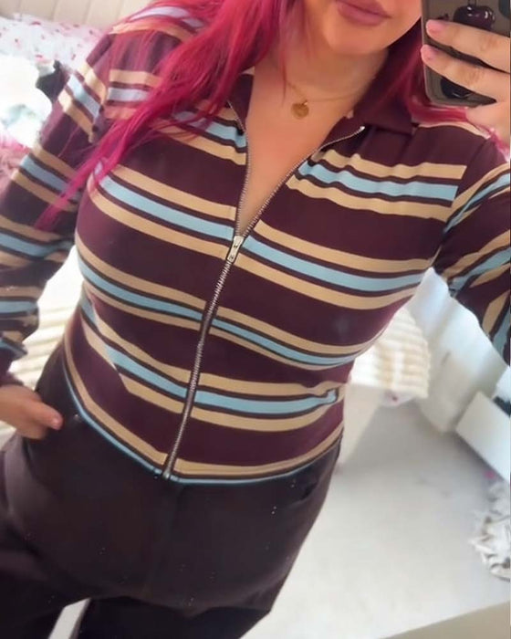Lapel Zip-Up Striped Jacket