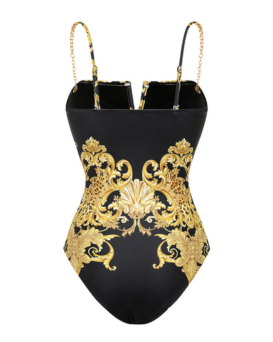 Vintage Printed Mesh Sun Protection Swimsuit