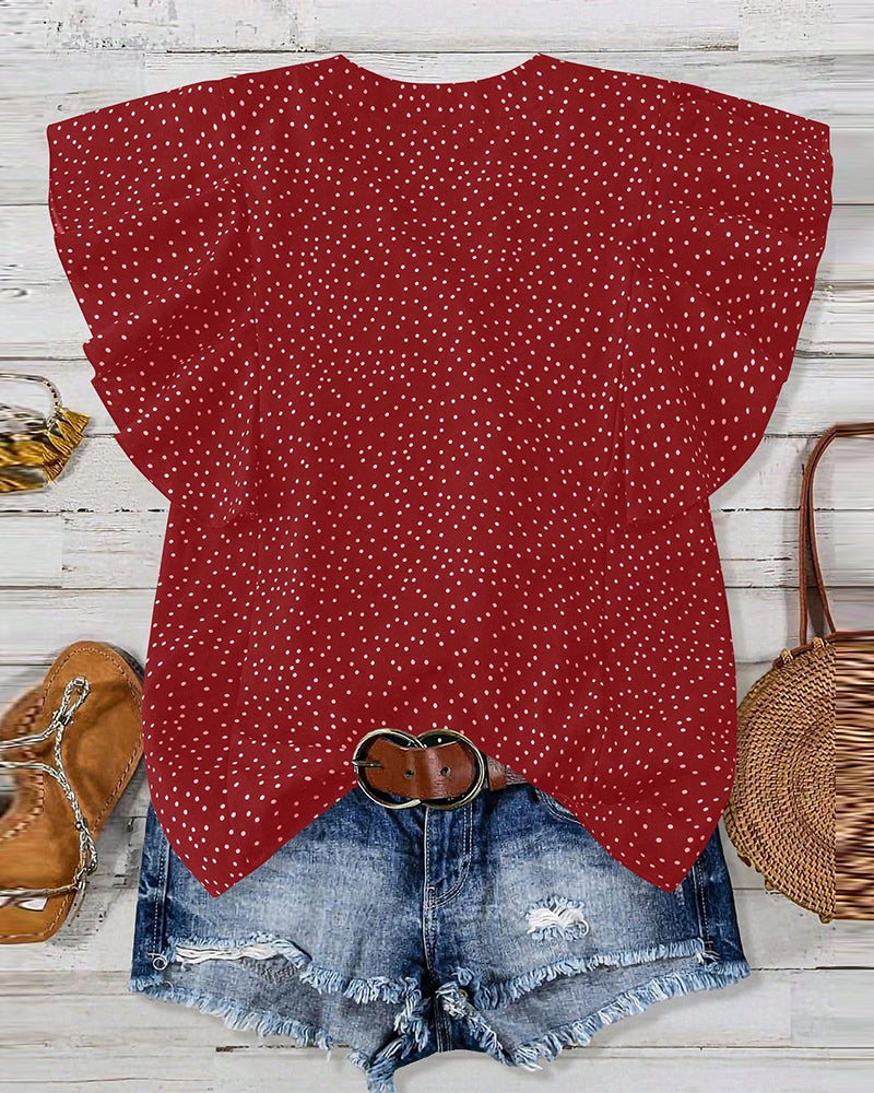 Ruffle Sleeve V-Neck Polka Dot Blouse