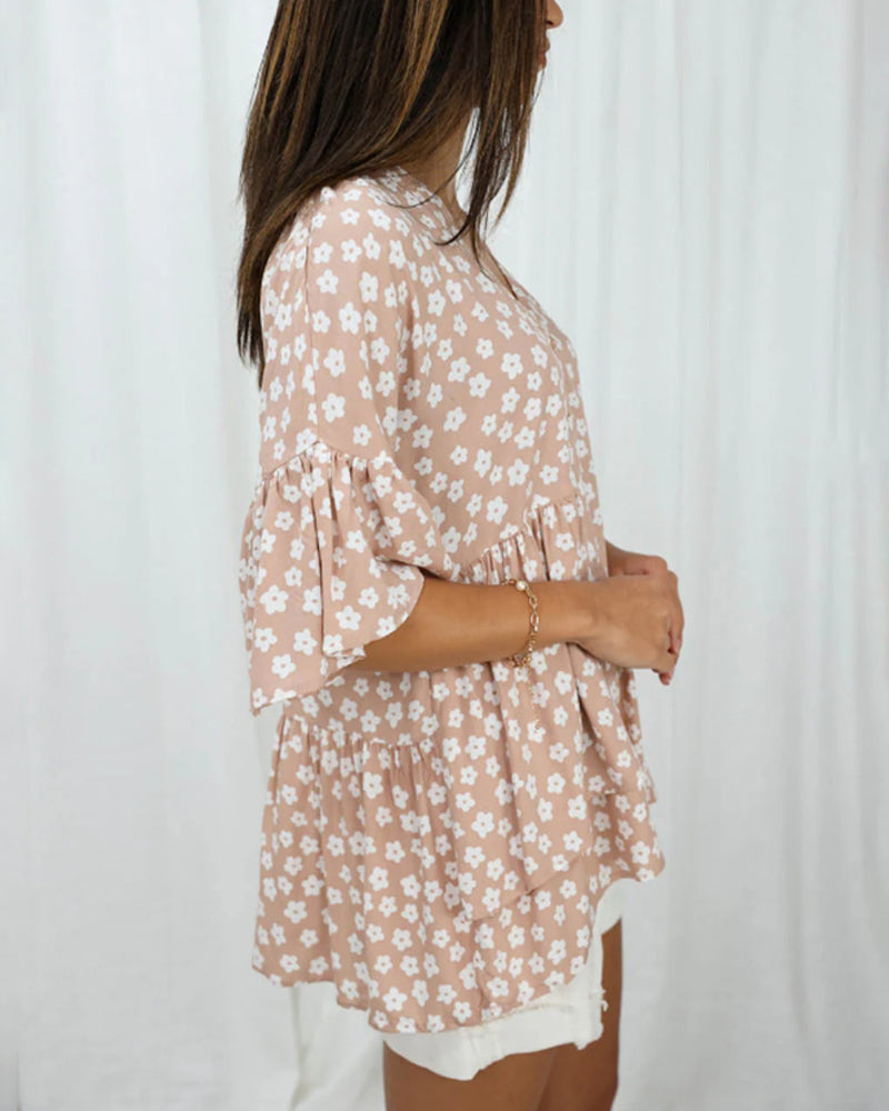 V-neck trumpet sleeves floral blouse
