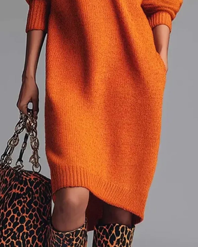 Solid Color Button High Neck Dress