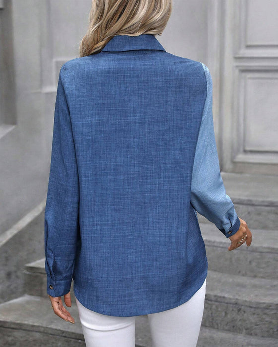Single Breasted Colorblock Lapel Blouse