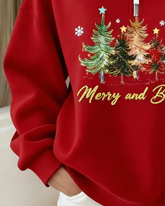 Half-Zip Christmas Tree Print Sweatshirt