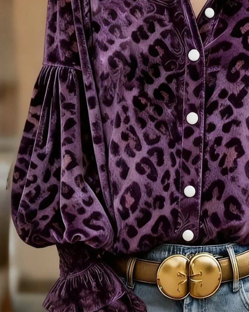 Lantern-Sleeve Leopard-Print Shirt