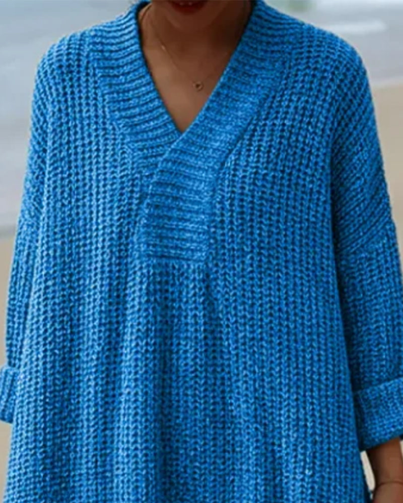 V-Neck Loose Solid Color Sweater Dress