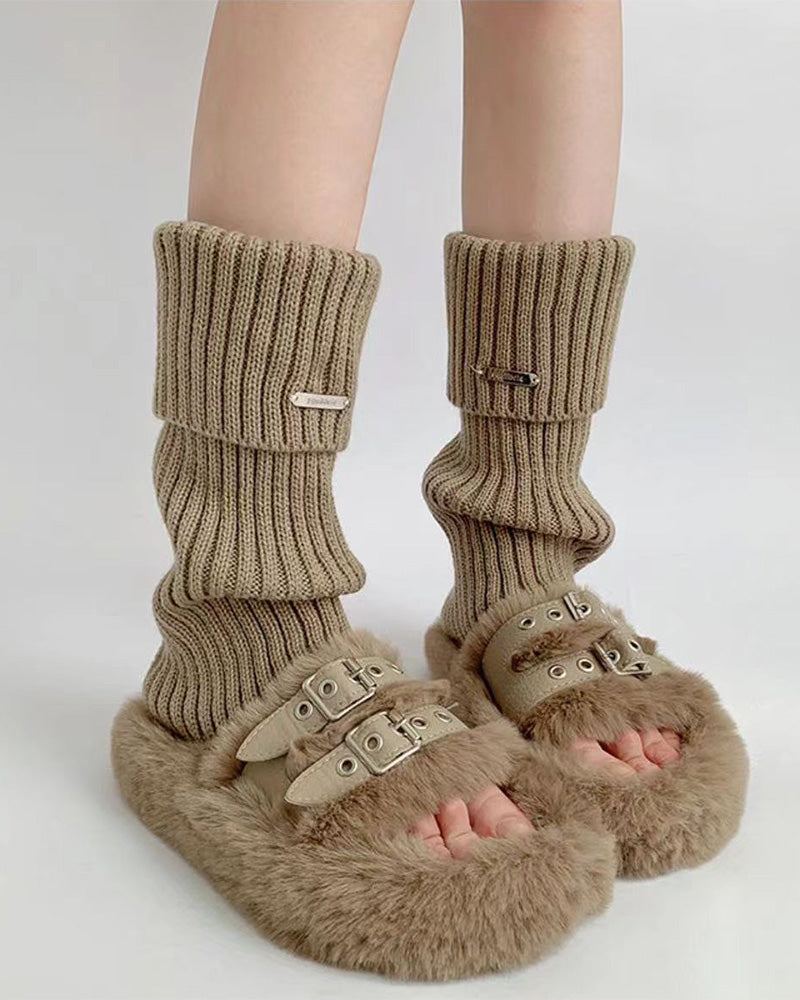 Women's Basic Solid Metal Label Decor Leg Warmers, Minimalist Womenswear