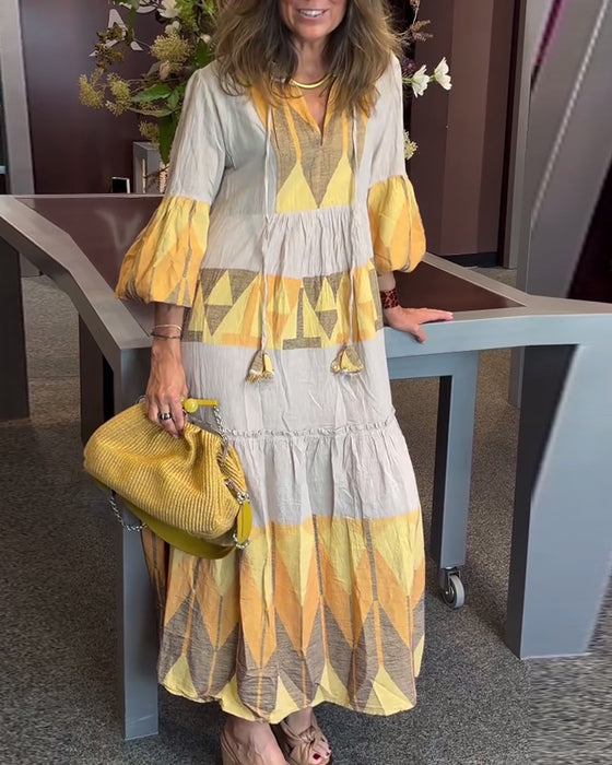 Printed bell sleeves V-neck loose dress