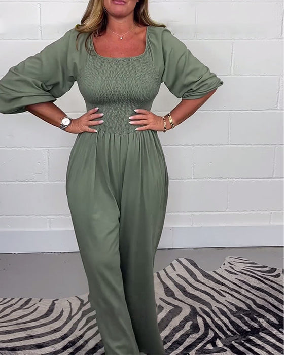Square neck solid color pocket jumpsuit