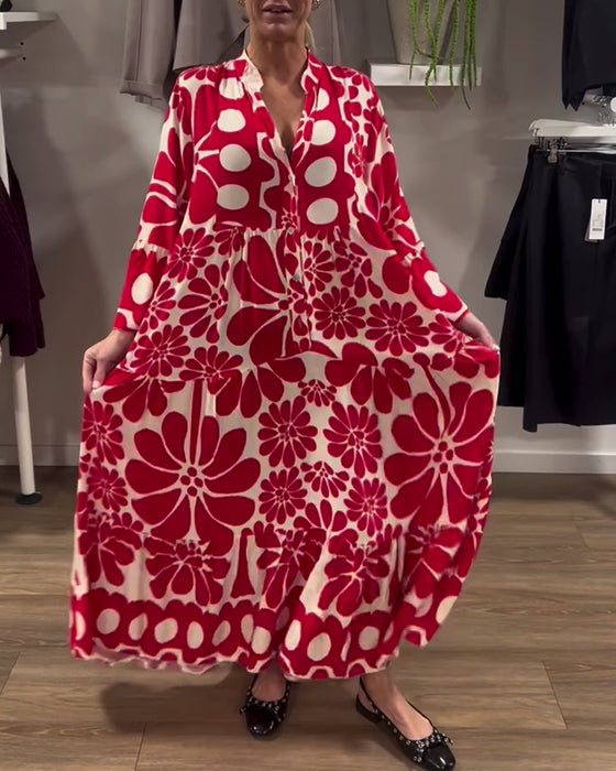 V-Neck Loose Plus Size Floral Print Dress