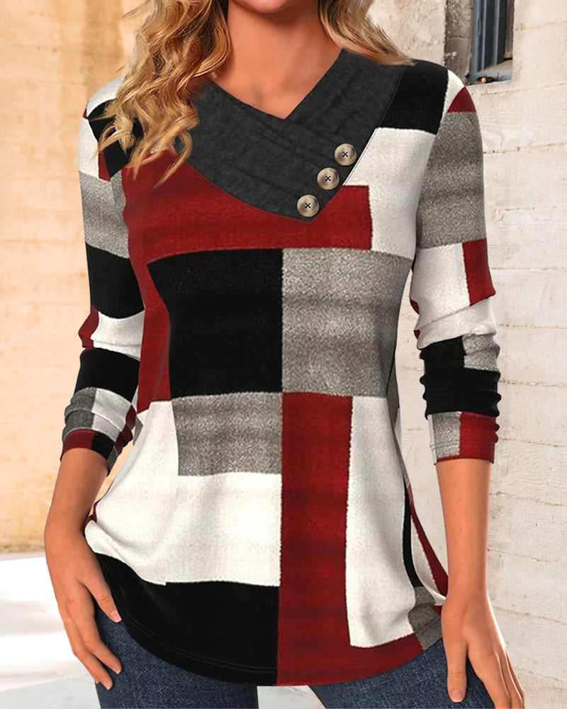 Colorblock Top V-Neck Long Sleeves