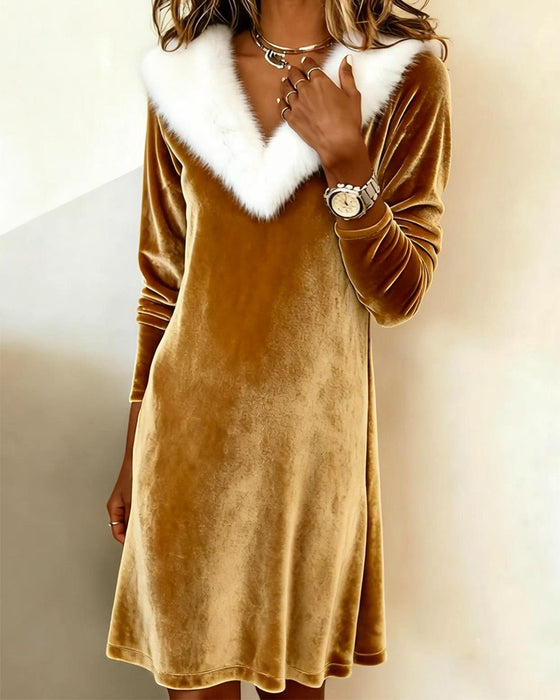 Fur-Collar Long-Sleeved Fitted Dress
