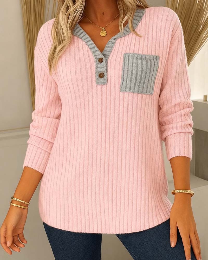 Pitted V Neck Long Sleeve Top