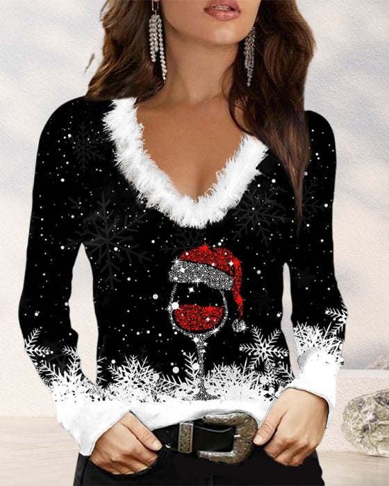 Printed V neck Long Sleeve Top