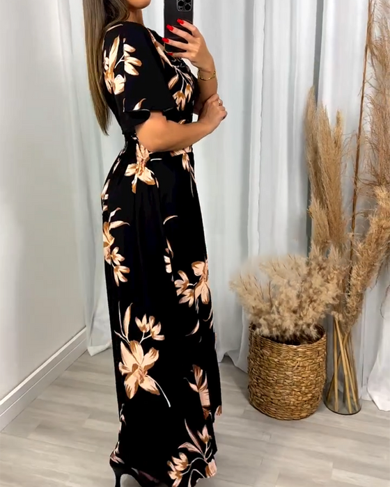 V-Neck Floral Print Waist Dress