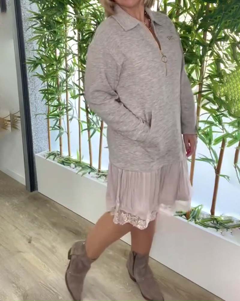 Casual Lace Panel Knee-Length Dress