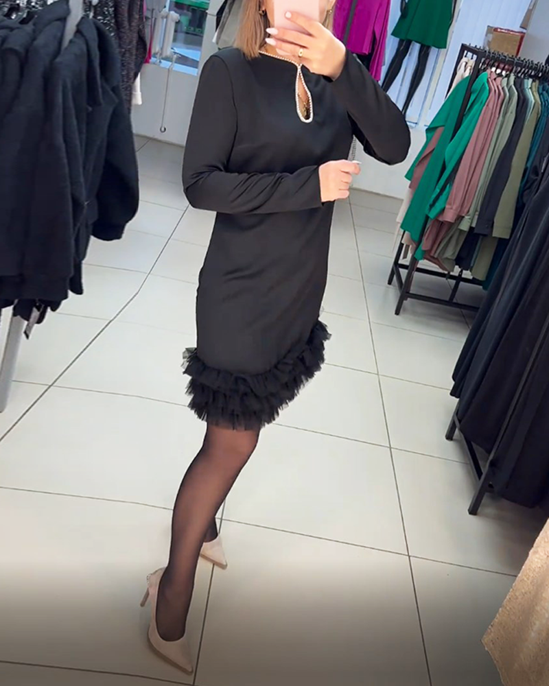 Pearl Neck Dress with Fur Hemline