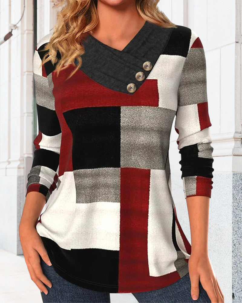 Colorblock Top V-Neck Long Sleeves