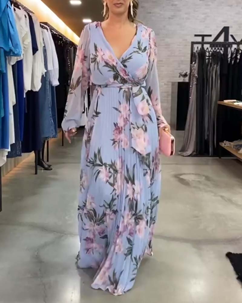 V-Neck Long Sleeve Floral Print Dress
