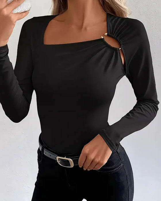 Fashion Slant Neck Long Sleeve Top