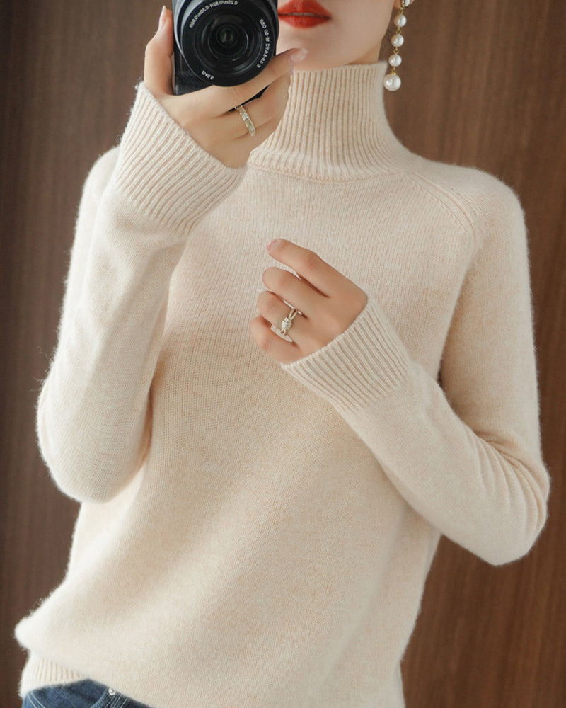 Simple solid color high collar long sleeve sweater