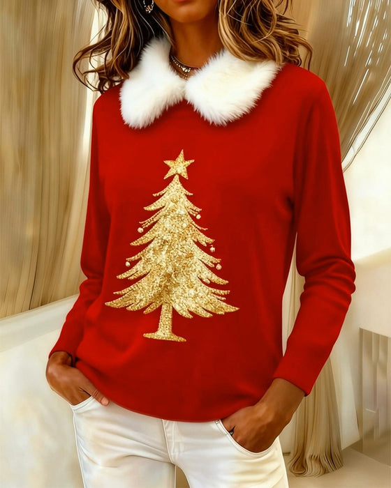 Fur-Collar Printed Long-Sleeved Top