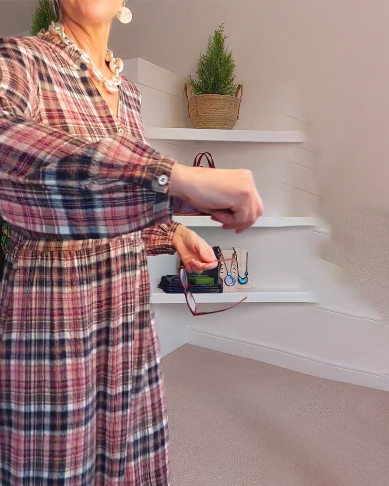 Long-Sleeved V-Neck Plaid Dress