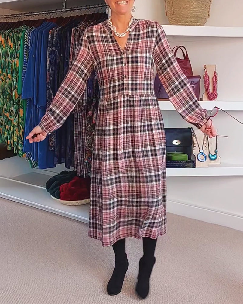 Long-Sleeved V-Neck Plaid Dress