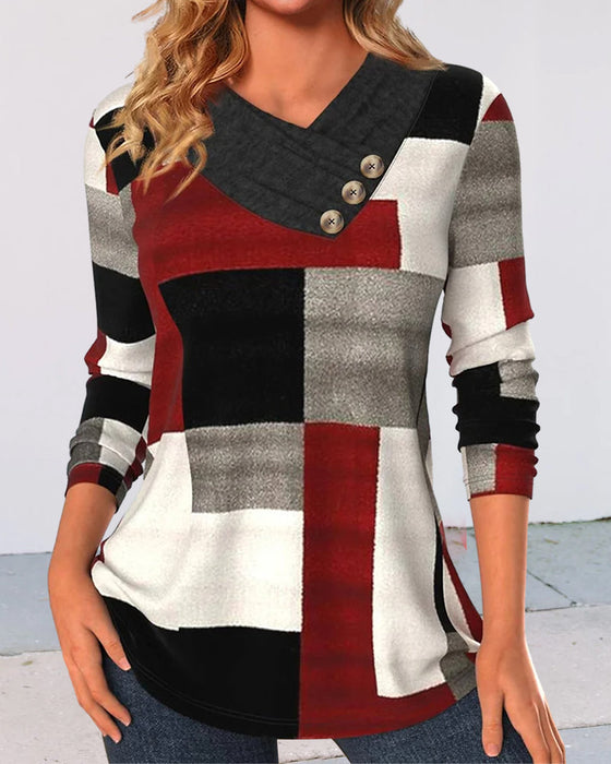 Colorblock Top V-Neck Long Sleeves