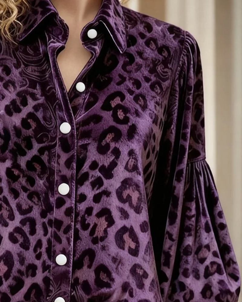 Lantern-Sleeve Leopard-Print Shirt