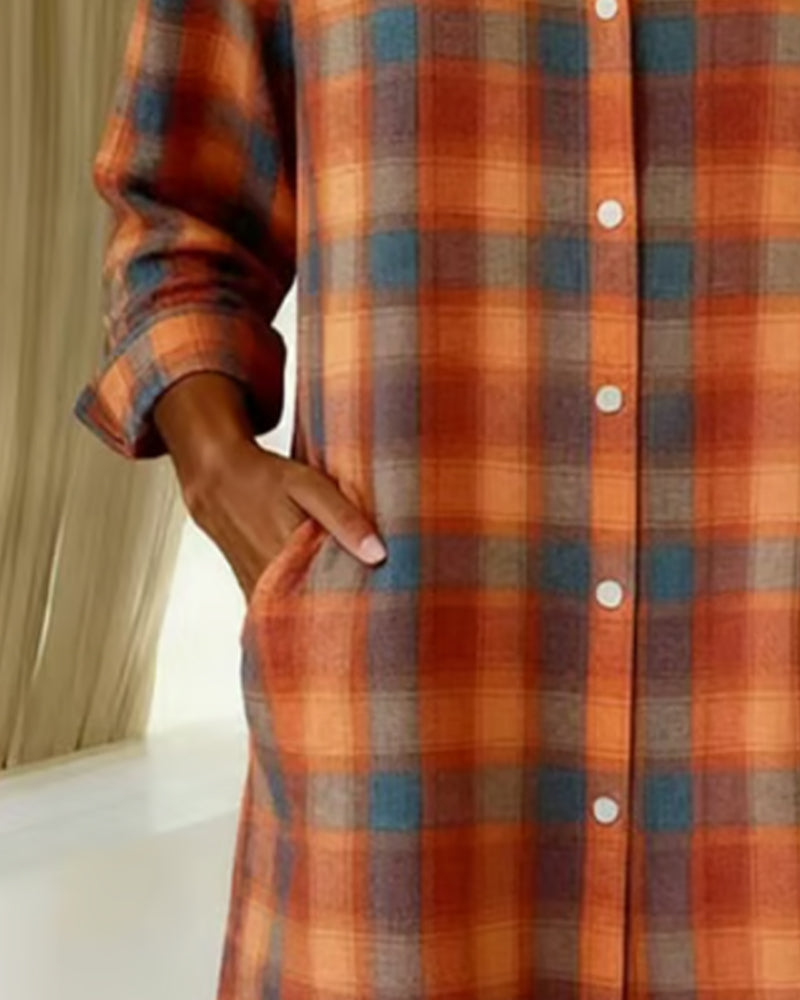 Lapel Plaid Button-Down Shirt Dress