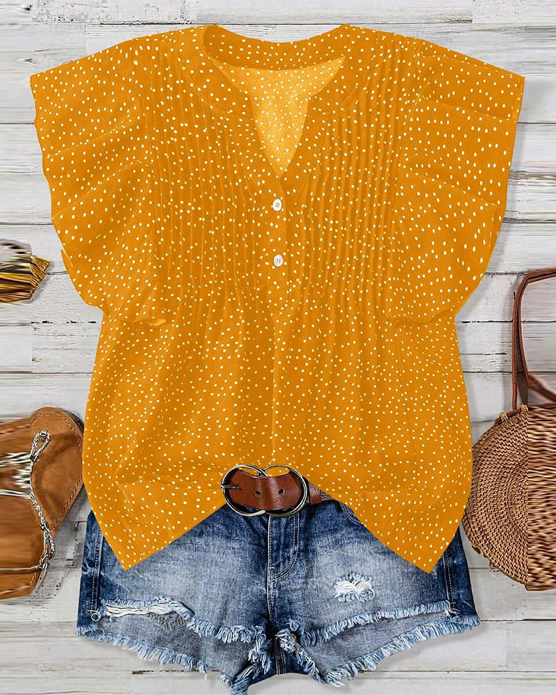 Ruffle Sleeve V-Neck Polka Dot Blouse