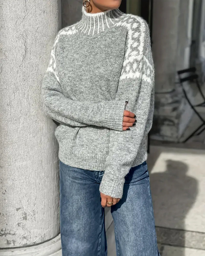 High Neck Patterned Contrast Sweater