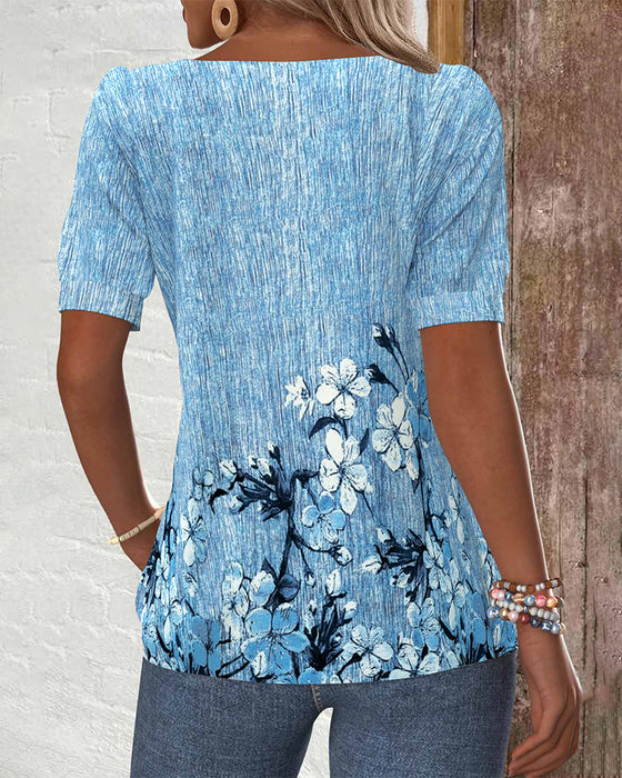 Slant Collar Printed Button-Down Blouse
