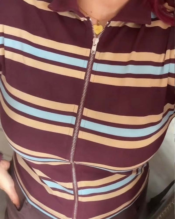 Lapel Zip-Up Striped Jacket