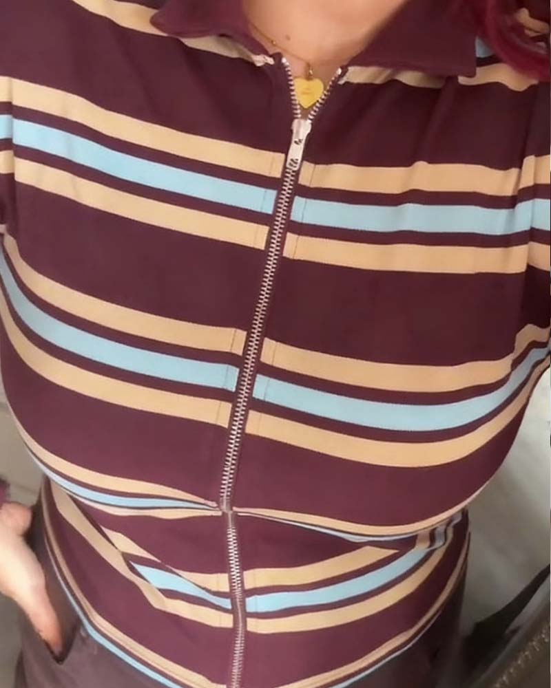 Lapel Zip-Up Striped Jacket
