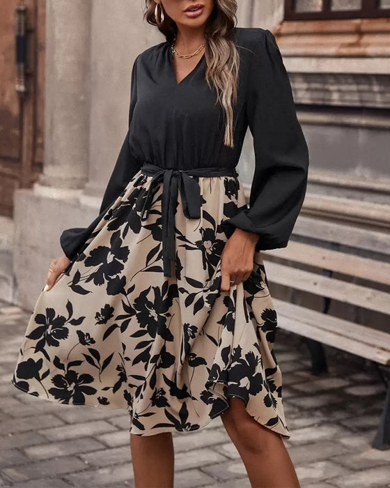 Lantern Sleeve Waist Print Dress