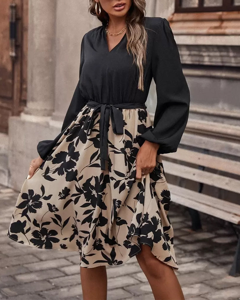 Lantern Sleeve Waist Print Dress