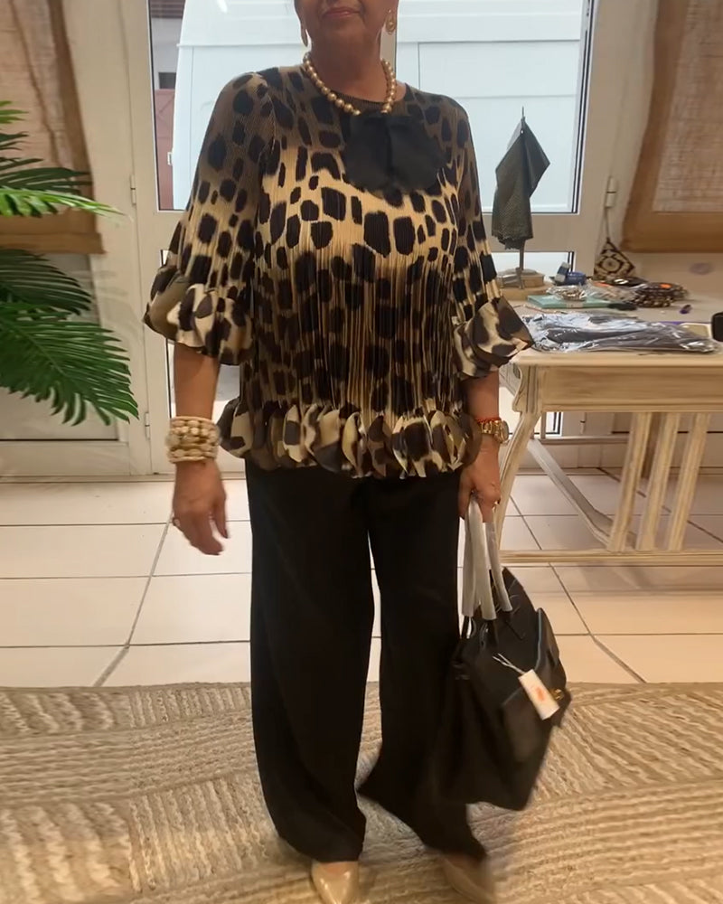 Trendy Leopard Print Pleated Blouse