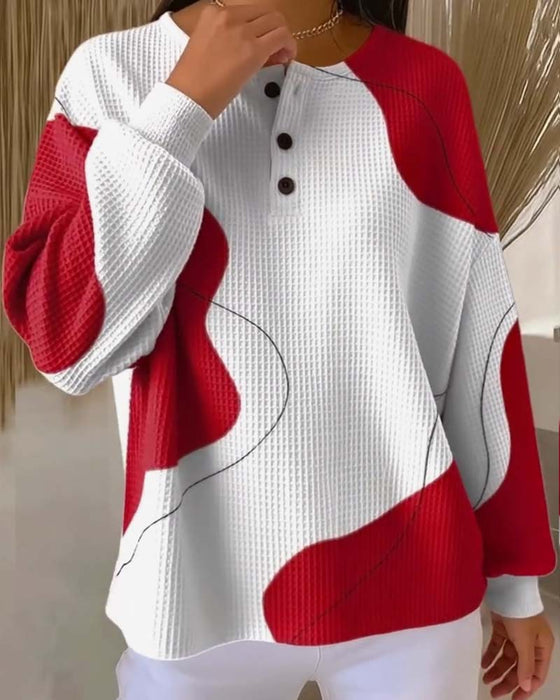 Buttoned Drop Shoulder Color Block Sweatshirt