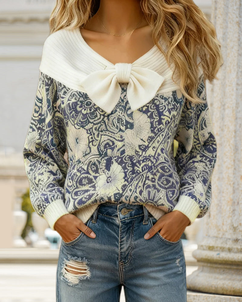 Bowknot Vintage Printed Sweater