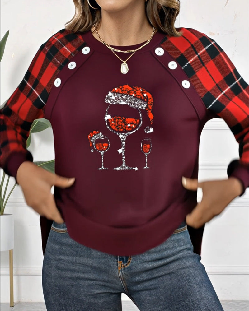 Wine Glass Printed Plaid Sweatshirt