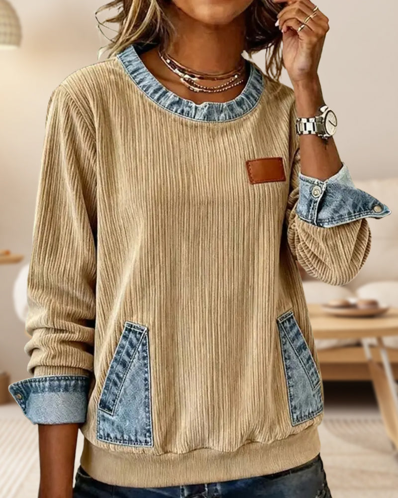 Casual Long-Sleeved Denim Pocket Sweatshirt