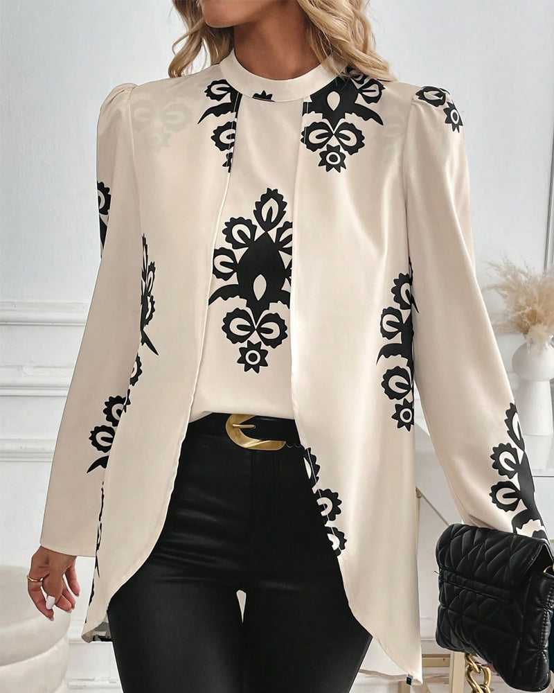 Puff Sleeve Irregular Print Blouse