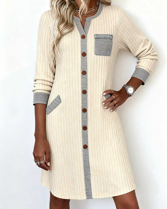Ribbed Color-Blocked Button Dress