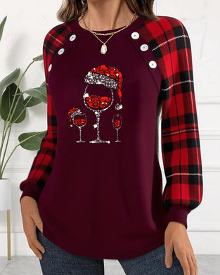 Wine Glass Printed Plaid Sweatshirt